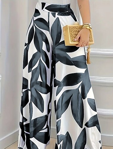  Femmes Slacks Pantalon palazzo Streetwear Occasionnel Longueur complète Naturel Fleur Impression Confortable Extérieur Rue Sortir Violet foncé Magenta Ocre Gris Automne Coupe régulière