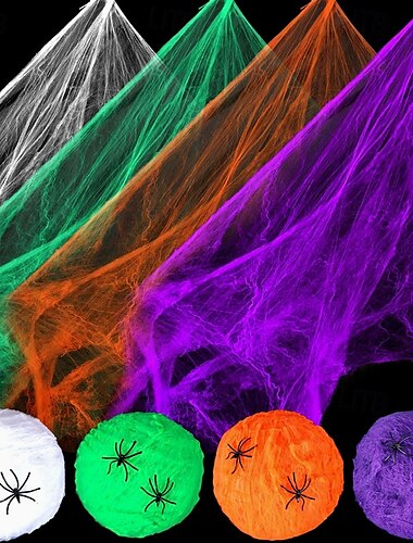  Ragnatele di Halloween 1200 piedi quadrati con 30 ragni finti, decorazioni colorate per feste di Halloween per interni ed esterni, ragnatele colorate elastiche per decorazioni per feste di Halloween,