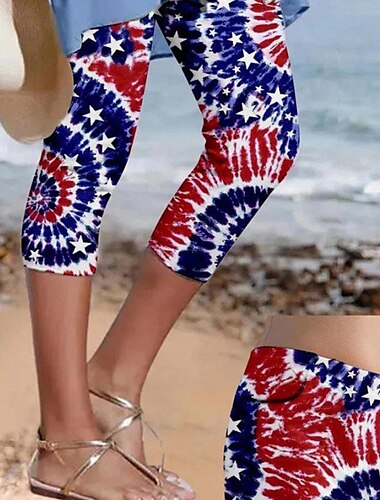  Damen Caprihose Leggings Streetwear Lässig Knielang Hohe TaillePantsAmerikanischer Unabhängigkeitstag Elastischer Bund Atmungsaktivität Dehnbar Urlaub Straße Alltagskleidung Blau Sommer Normale