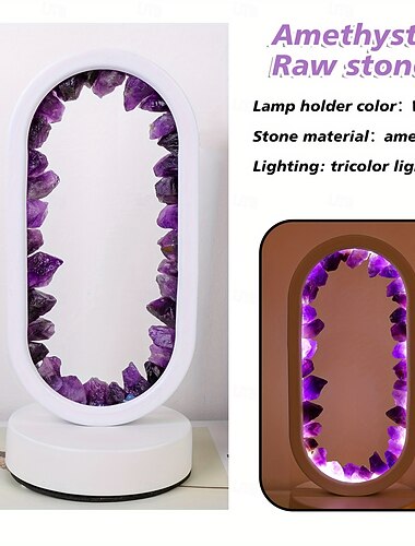  Lámpara de noche LED clásica de 1 pieza con flores de amatista de cuarzo natural, piedra cruda, cristal, luz nocturna relajante para dormitorio y escritorio, alimentación por USB, modos multicolor,
