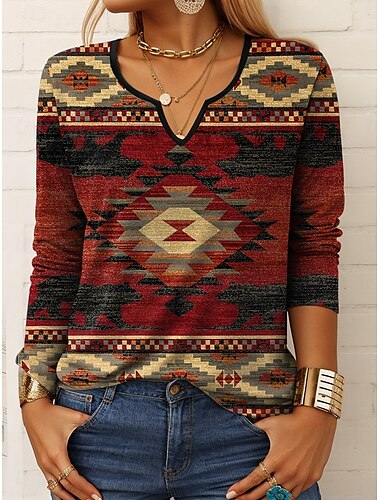  Per donna Maglietta Grafico Geometrico Vintage Elegante Classico Manica Lunga Collo a V Top Regolari Quotidiano Weekend Stampato Rosso Blu Viola Verde Primavera Autunno