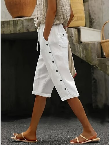  Damen Chinos Schnitt Ethno-Stil Basic Lässig Knielang Hohe Taille Einfach Tasche Bequem Weich Mikroelastisch Outdoor Straße Schwarz Weiß Sommer Normale Passform