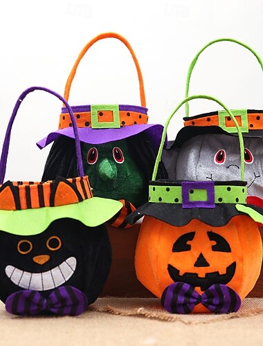  4-częściowy woreczek na cukierki w kształcie dyni na Halloween dla dzieci, okrągła torba na cukierki z kapeluszem, wielokrotnego użytku torba na prezenty na imprezę halloweenową i dekoracje