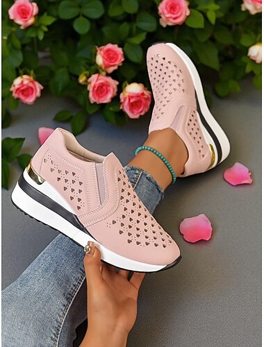  Rosa Keilsneaker für Damen – atmungsaktive Slip-On-Wanderschuhe mit Cut-outs und goldenem Absatzdetail für Reisen, Arbeit und Sommerausflüge