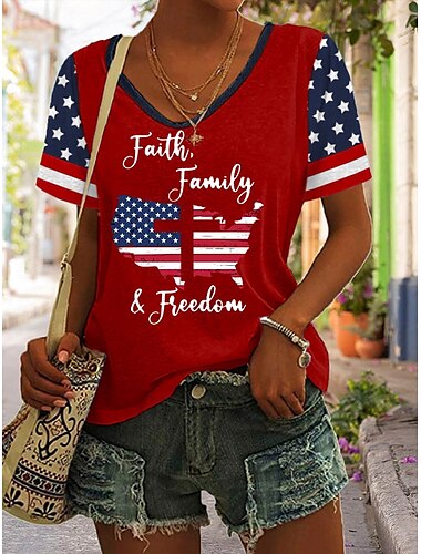  Unabhängigkeitstag Frauen Patriotic Fourth of July T-Shirt Grafische Flagge Vintage Stilvoll Klassisch Kurzarm V-Ausschnitt Reguläre Oberteile Täglich Druck Schwarz Weiß Rot Marineblau Sommer Frühling