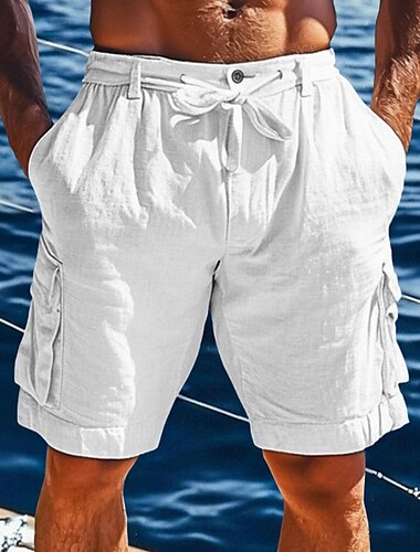  Herr Cargo-shorts Shorts Linne Shorts Sommarshorts Beach Shorts Snörning Elastisk midja Lastficka Slät Komfort Andningsfunktion Knelängd Utomhus Ledigt Dagligen Semester Mode Svart Vit Microelastisk