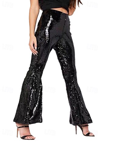 Damen Weites Bein Mode Streetwear Volle Länge Natürliche Taille Einfach Pailletten Elastischer Bund Bequem Außenbereich Outdoor Urlaub Party Silber Schwarz Rot Herbst Normale Passform