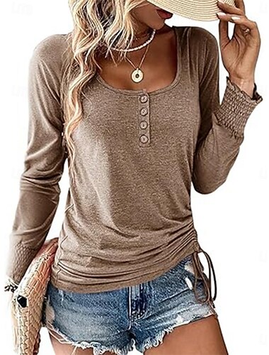  Damen Bluse Einfarbig Stilvoll Lässig Langarm Rundhalsausschnitt Normale Oberteile Täglich Knöpfe Rosa Marineblau Grün Khaki Frühling Herbst