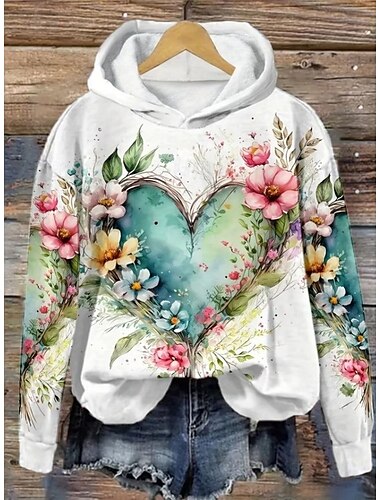  Mujer Sudadera con capucha Pullover Floral Graphic Elegante Cálido Activo Manga Larga Con Capucha Tops regulares Calle Uso Diario Casual Estampado Blanco Rosa Morado Verde Trébol Caqui Primavera