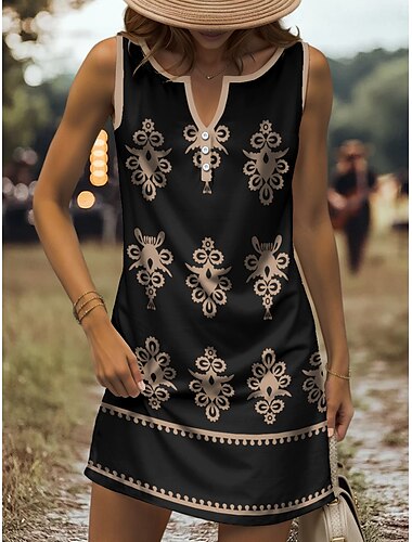  Damen Minikleid Sommerkleid A Linie Kleid Schulterfreies Kleid Lässig Ferien Strand Normale Passform Grafik Stammes Ärmellos V Ausschnitt Schwarz Weiß Rote Grau Sommer Frühling
