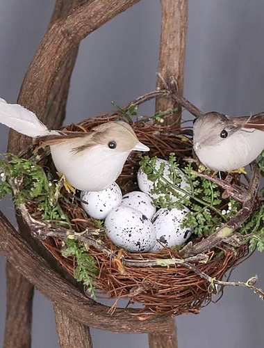  Handgemaakt vogelnest van riet met vogels en eieren, decoratie van rotan vogelhuisje voor bruiloften, fotoaccessoire in bosstijl voor op tafel of als decoratie voor in huis.