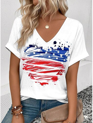  Amerikaanse onafhankelijkheidsdag Dames T-shirt Grafisch Amerikaanse vlag Vintage Stijlvol Korte mouw V-hals Normale tops Dagelijks Weekend Afdrukken Rood Marine Blauw blauw Zomer Lente