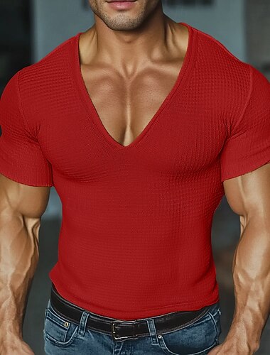  Homens Camiseta T-shirt Manga Curta Decote V Verão Côr Sólida Textura Moda Designer Básico Básico Férias Rua Casual Azul Cinzento Vermelho Top Tee para Homens
