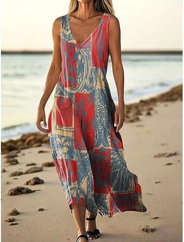  Dames Lange jurk maxi-jurk Casual jurk Tank-jurk Zomerjurk Vintage Afrikaanse Dagelijks Feestdagen Strand Normale pasvorm Bloemig Kleurenblok Mouwloos V-hals Rood Marineblauw Paars Groen Zomer