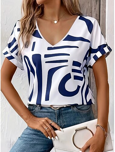  女性用 Tシャツ グラフィック 幾何学模様 スタイリッシュ 近代の カジュアル 半袖 Ｖネック レギュラートップス 日常 プリント ピンク ブルー グリーン カーキ色 夏 春