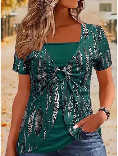 Damen Bluse Geometrisch Mode Stilvoll Modern Kurzarm Rundhalsausschnitt Normale Oberteile Täglich Wochenende Patchwork Druck Schwarz Wein Blau Braun Grün Sommer