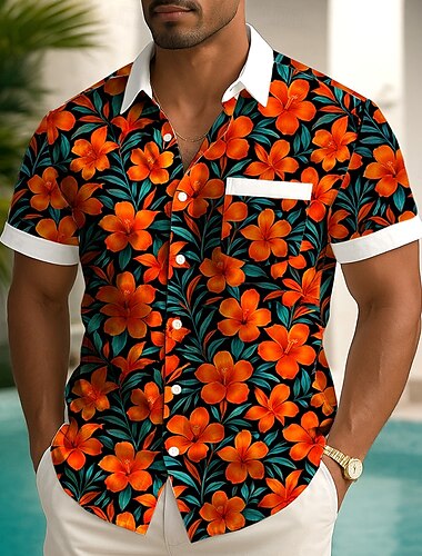  Herren Blumendruck Tropische Blumen Sommer Hawaiihemd Knopfhemd Alohahemd Kurzarm Hawaiianisch Ferien Strandbekleidung Sommer Frühling Umlegekragen 3D-Druck Hemden mit Kragen Eine Tasche vorne