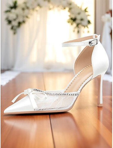  Scarpe da sposa con tacco alto in pizzo satinato bianco da donna, décolleté a punta con strass e fiocco, eleganti scarpe da sposa per cerimonie formali