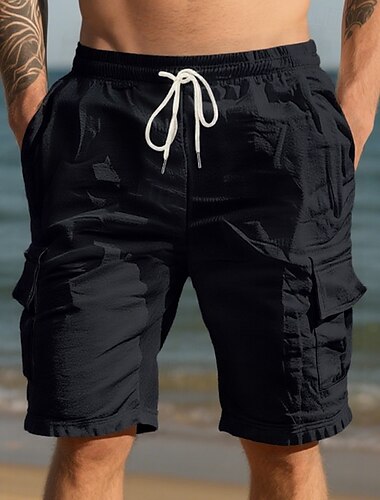  Herren Cargo-Shorts Leinenshorts Sommershorts Strandshorts Kordelzug Elastischer Bund Mehrere Taschen Einfach Komfort Atmungsaktiv Knielang Outdoor Täglich Strand Urlaub Mode Schwarz Weiß