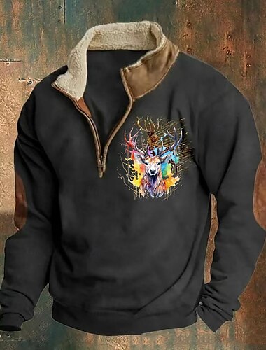  Herren Sweatshirt Viertelreißverschluss Sweatshirt Schwarz Marineblau Braun Grau Halber Reißverschluss Farbblock Rentier Halber Reißverschluss Druck Sport & Outdoor Täglich Ferien Polyester Vintage