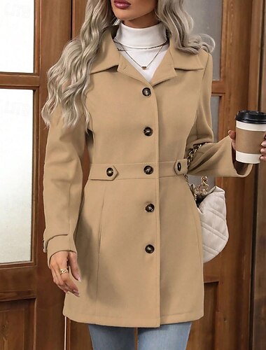  Damen Wintermantel Mantel Warm Bequem Knöpfe Mode Einfach Urlaub Alltagstauglich Einreihig Lang Umlegekragen Normale Passform Langarm Oberbekleidung Khaki Herbst Winter