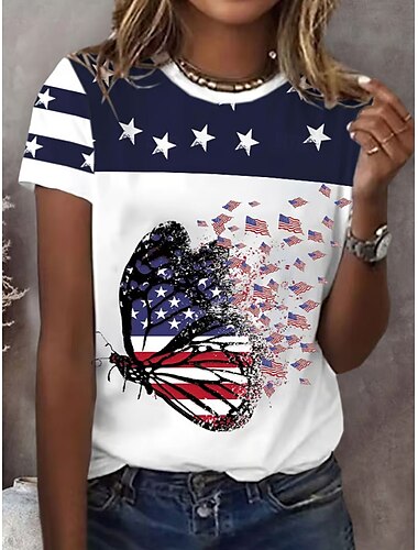  Unabhängigkeitstag Frauen Patriotische vierter Juli T-Shirt Grafik Flagge Amerikanische Flagge Vintage Stilvoll Klassisch Kurzarm Rundhals Reguläre Oberteile Täglich Wochenende Druck Schwarz Weiß