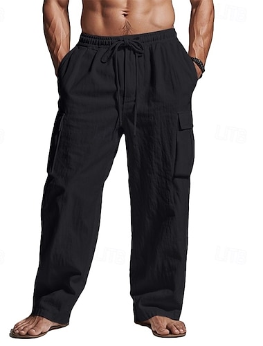 Homme Pantalons Cargo Pantalons en Lin Pantalons Pantalon d'été Pantalons de Plage Cordon de serrage Taille Élastique Multi-poches Uni Confort Doux Longueur complète Extérieur Occasionnel Quotidien