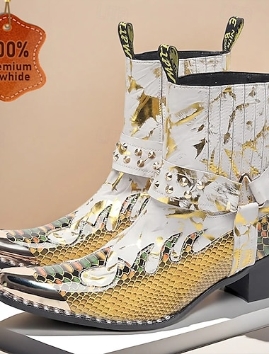  bottes western en cuir blanc et doré pour hommes avec motif floral et fermeture à glissière - bottes tendance pour une tenue décontractée et festive