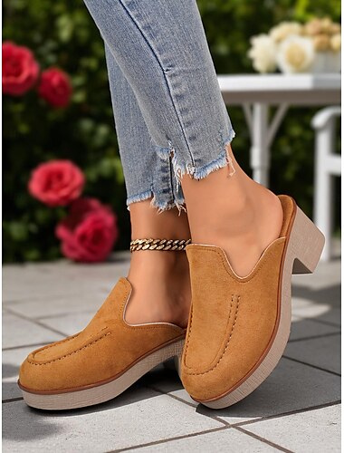  Damen-Pantoletten aus braunem Wildlederimitat – Slip-On-Clogs mit klobigem Absatz für Herbstmode, Büro-Looks und Wochenend-Style