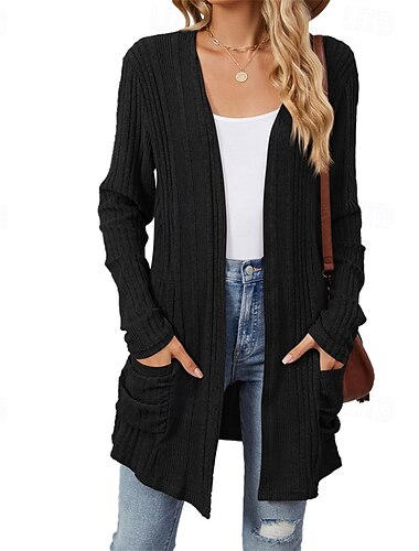  Damen Mantel Warm Bequem Tasche Mode Outdoor Einfach Ausgehen Wochenende Strickjacke Regulär Kragenlos Normale Passform Langarm Oberbekleidung Schwarz Wein Marineblau Herbst Winter