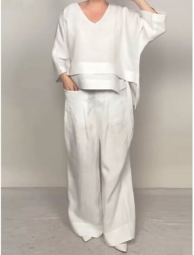  Mujer Moda Ropa de calle Diario Conjuntos de pantalones Media Manga Cuello Barco Color sólido Vacaciones Casual Diario Negro Blanco Rosa Verano Holgado
