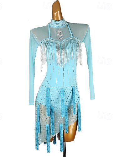  Lateinamerikanischer Tanz Kleid Quaste Kristalle / Strasssteine Damen Leistung Alltagskleidung Langarm Netzstoff Spandex