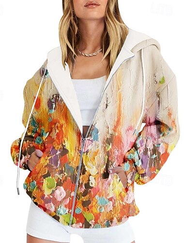  Γυναικεία Casual Jacket Άνετο Τσέπη Στάμπα Αθλήματα Μοντέρνα Υπαίθριο Λουλούδι Καθημερινά Σαββατοκύριακο Φερμουάρ Κανονικό Με Κουκούλα Κανονικό Μακρυμάνικο Εξωτερικά ενδύματα Θαλασσί Ουρανί Πορτοκαλί