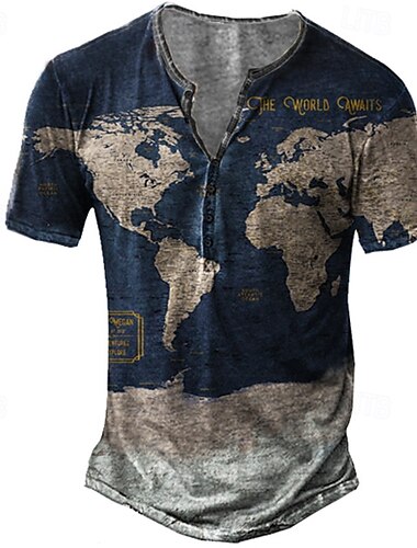  男性用 マップ グラフィック Tシャツ ヘンリーシャツ 半袖 3Dプリント ヴィンテージ スポーツ ファッション アウトドア ストリート 日常 夏 ブルー グリーン レインボー ライトブルー ヘンリー ヘンリーTシャツ