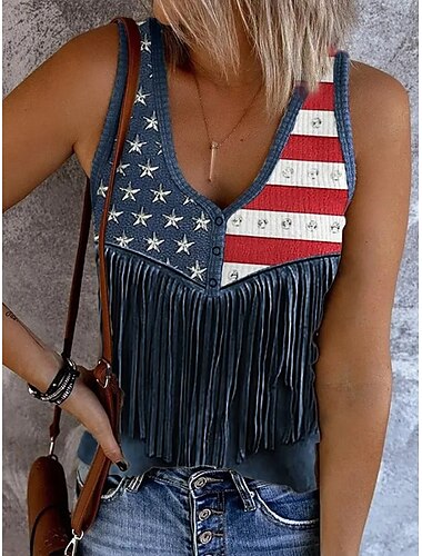  Unabhängigkeitstag Damen Trägershirt Vierter Juli Flagge Stylisch Westlich Lässig Ärmellos V-Ausschnitt Crop Tops Täglicher Druck Rot Blau Lila Sommer Frühling