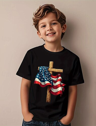  アメリカ独立記念日 男の子 3D グラフィック フラッグ Tシャツ Ｔシャツ 半袖 夏 春 ファッション ベーシック 子供 4〜12年 クルーネック アウトドア カジュアル 日常 レギュラー