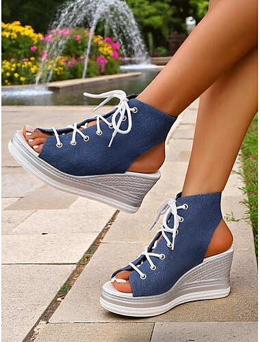  Damen-Schnürsandalen aus Denim mit Keilabsatz, modische Peep-Toe-Sommerschuhe, perfekt für den Pool, Brunchausflüge und Cafés am Meer