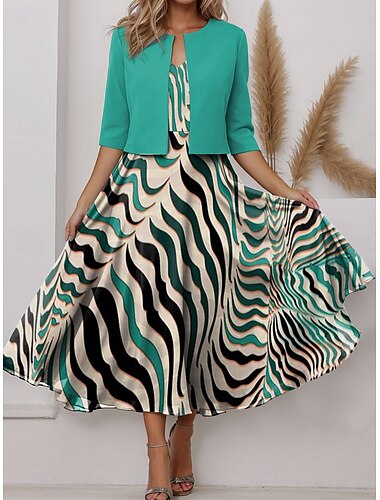  Damen Kleid-Set A Linie Kleid Sommerkleid Party Halbformelle Kleider Grafik Gestreift Druck Midikleid Halbarm V Ausschnitt Hochzeitsgast Täglich Rosa Purpur Orange Sommer Frühling Normale Passform