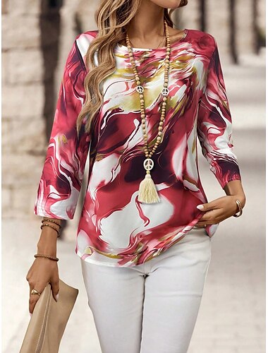  Damen Bluse Grafik Marmor Elegant Bohemien Vintage Dreiviertelarm Rundhalsausschnitt Normale Oberteile Täglich Ferien Urlaubskleidung Druck Rote Blau Purpur Grün Sommer Frühling