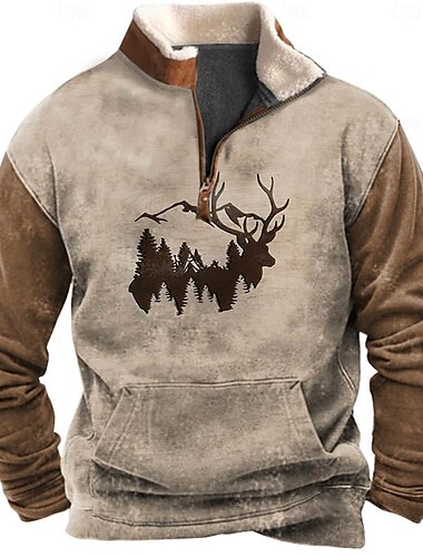  Herren Sweatshirt Viertelreißverschluss Sweatshirt Braun Braun 2 Halber Reißverschluss Farbblock Rentier Halber Reißverschluss Druck Sport & Outdoor Täglich Ferien Polyester Vintage Streetwear Lässig
