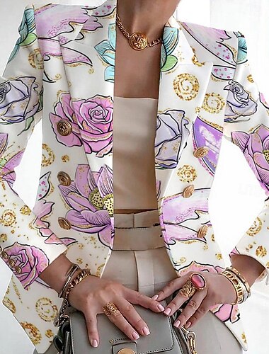  Damen Blazer Atmungsaktiv Bequem Druck Mode Lässig Blatt Arbeit Büro / Karriere Lässig Doppelreihig Regulär Umlegekragen Normale Passform Langarm Oberbekleidung Weiß Rosa Violett Sommer