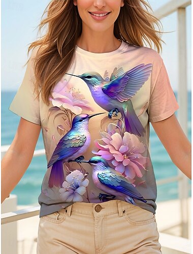  Mulheres Camiseta Âmbar Floral Gráfico Vintage à moda Clássico Manga Curta Gola Redonda Decote Redondo Tops regulares Diário Final de semana Imprimir Amarelo Rosa Azul Roxo Verde Verão Primavera