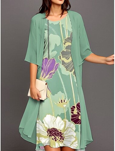  Damen Kleid-Set A Linie Kleid Urlaub Lässig Blumen Grafik Geschichtet Druck Minikleid Halbarm Rundhalsausschnitt Täglich Blau Purpur Grün Sommer Frühling Lässiger Schnitt