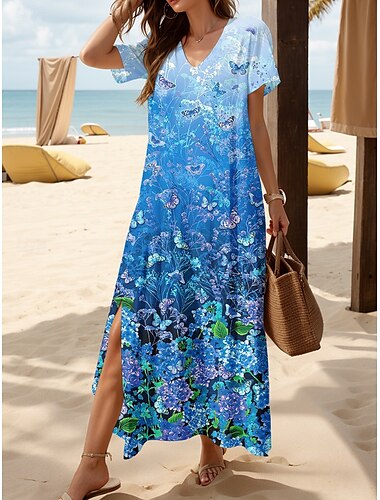  Damen Maxikleid Freizeitkleid Sommerkleid A Linie Kleid Elegant Urlaub Lässig Strand Normale Passform Ombre Blumen Grafik Kurzarm V Ausschnitt Magenta Rote Blau Purpur Sommer Frühling