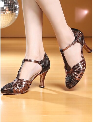  Bronzen T-band Latin danshakken voor dames - glanzende slangenprint professionele ballroomschoenen voor salsa, rumba en performance-evenementen