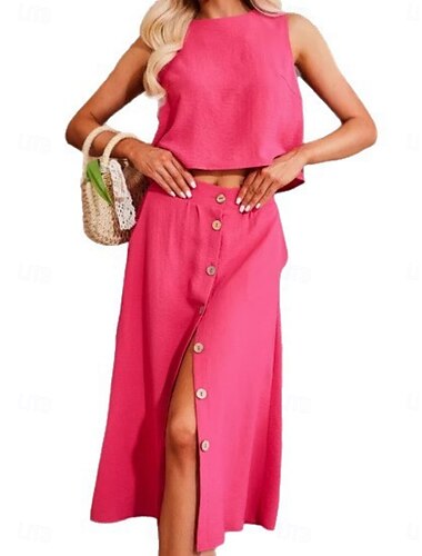  Femmes Robe Ensemble Robe trapèze Occasionnel Uni Avec Poches Boutons Robe maxi Sans manches Col ras du cou Extérieur Quotidien Blanche Rose dragée Vin Été Printemps Coupe régulière