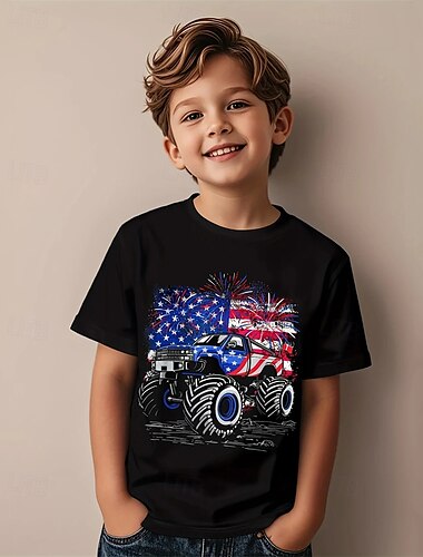 Amerikanischer Unabhängigkeitstag Jungen 3D Grafik Flagge T-Shirt Kurzarm Sommer Frühling Mode Basic Kinder 4-12 Jahre Rundhalsausschnitt Outdoor Lässig Täglich Normale Passform