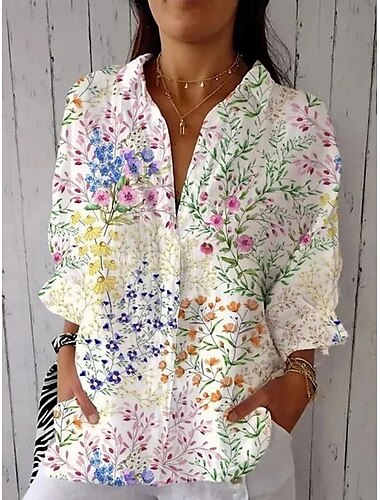  Damen Hemd Blumen Grafik Vintage Täglich Stilvoll Langarm Hemdkragen Normale Oberteile Täglich Ferien Knöpfe Druck Weiß Gelb Grün Sommer Frühling