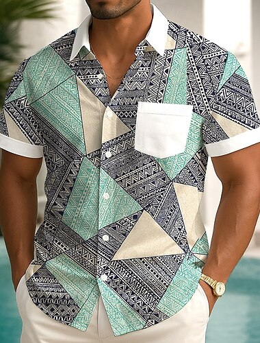  Herren Geometrisch Farbblockierung Hemd Sommerhemd Knopfhemd Kurzarm Modisch lässig Outdoor Urlaub Alltagskleidung Sommer Frühling Umlegekragen 3D-Druck Hemden mit Kragen Eine Tasche vorne Grün