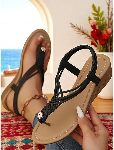  Beige Damen-Zehentrenner mit Keilabsatz und geflochtenen Riemen – lässiges Schuhwerk im Boho-Stil mit Strass-Akzent für Sommer, Strand und Urlaub